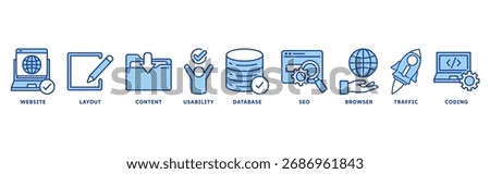 Web Design icon set illustration concept with icon of website, layout, content, usability, database, seo, browser, traffic, coding