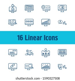 Web design icon set and plugins with coding, application and wire framing. Analytics related web design icon vector for web UI logo design.