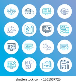 Webdesign-Icon Set und Portfolio mit E-Commerce-Website, Bildsuche und Pingback. Pen verwandte Web-Design-Symbol-Vektorillustration für Web-UI-Logo-Design.