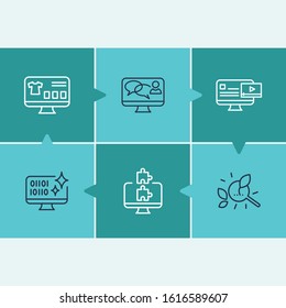Web design icon set and products page with video content, clean code and social engagement. Shopping site related web design icon vector for web UI logo design.