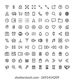 Web design icon set. UI elements for websites. Big set of vector black icons isolated on a white background.
