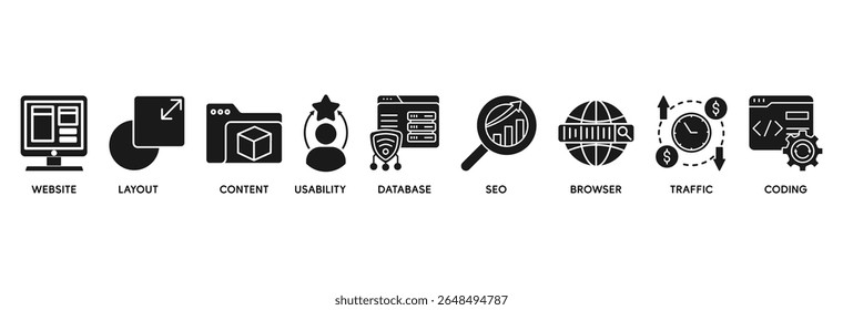 Web design icon set vector illustration concept relate to website, layout, content, usability, database, seo, browser, traffic and coding