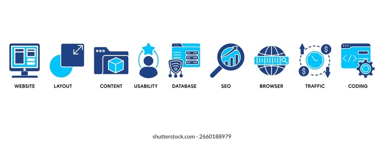Web design icon set vector illustration concept relate to website, layout, content, usability, database, seo, browser, traffic and coding