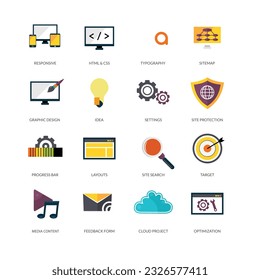 web design icon set,responsive, html and css,typography, sitemap, graphic design, idea, setting,site protesction, progress bar, layouts, search, media content, feedback form,cloud project,optimization