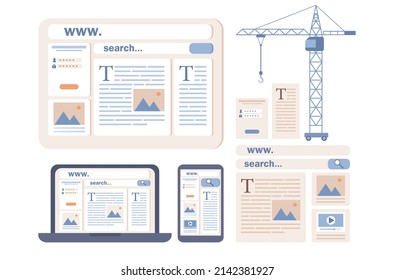 Web design icon. User interface development concept. Site creation with blocks in browser or mobile app. Website layout online service or platform. Vector flat illustration