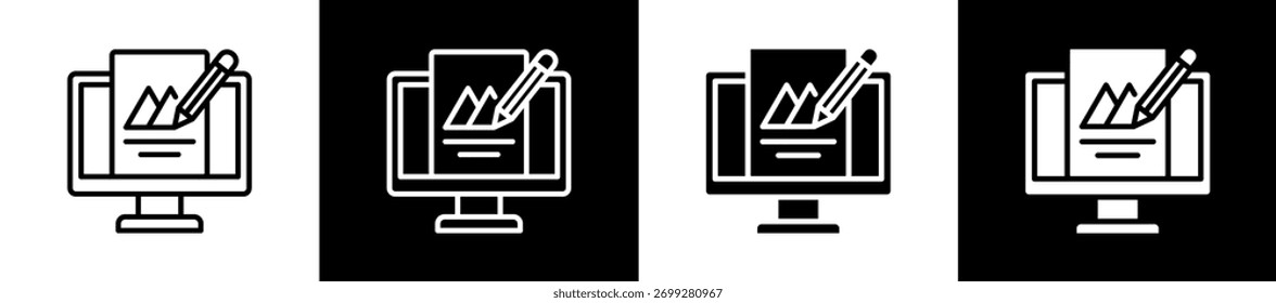 Variações de ícone do Web Design em estilo de linha e glifo no plano de fundo preto-e-branco