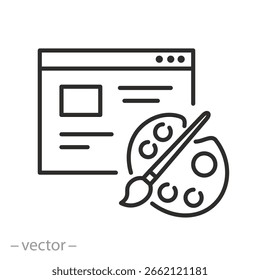 Icono del Diseño web, página del Sitio web con la herramienta de la pintura, símbolo delgado de la línea en el fondo blanco - Ilustración vectorial editable del movimiento EPS10