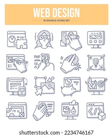 Web design icons. Collection of doodle icons. Wireframes, user interfaces, web development, landing pages, and coding concepts. Creative icons to get you started