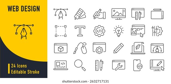 Diseño web iconos web en estilo de línea. Desarrollo, Diseño web, proceso creativo, tecnología de redes. Ilustración vectorial.