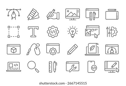 Diseño web iconos web en estilo de línea. Desarrollo, Diseño web, proceso creativo, tecnología de redes. Ilustración vectorial.