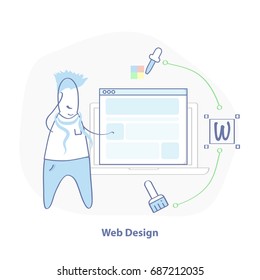 Web Design illustration concept, cute cartoon web designer thinking about website concept with website design tools. Business theme, isolated vector in flat line style.