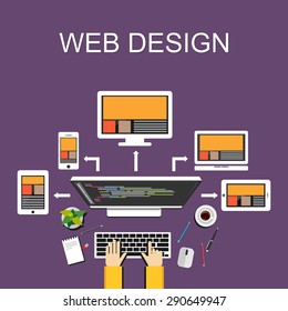 Web design illustration. Flat design. Banner illustration. Flat design illustration concepts for web designer, web development, web developer, responsive web design, programming,  programmer.