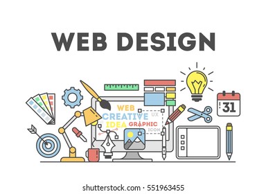 Web design illustration with icons. Concept of creating websites, creating logos and more.