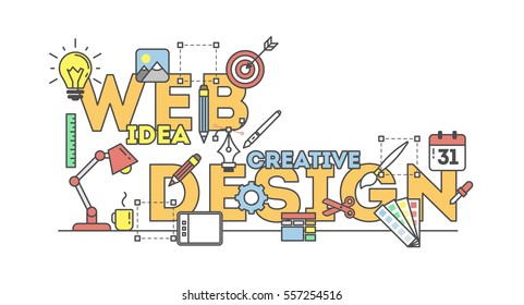 Web design illustration with icons. Concept of creating websites, creating logos, ux, seo and more. White background.