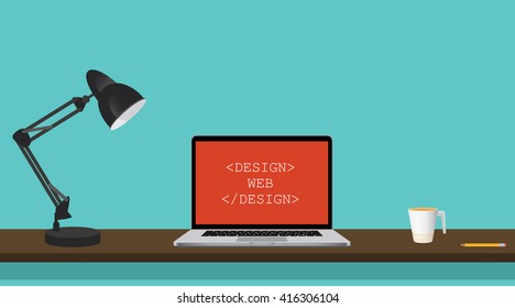 web design illustration on workspace with laptop notebook computer coffee cup and desk lamp vector