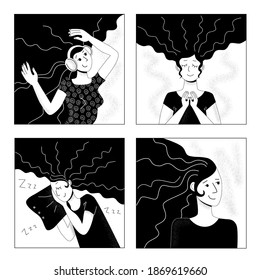 Web design illustration set. Black and white avatar girls user icons for social media. Resting asleep listening to music relaxing smiling young woman. Stock vector flat textural illustration isolated.