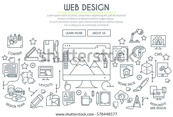 Web Design\
Illustration with Thin Line Icons. Web Design Concept in Flat Line\
Style. Vector illustration