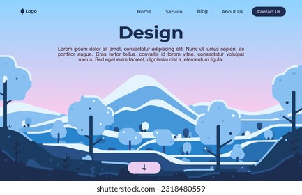 Web design illustration of a winter landscape. Flat style illustration of winter for website.