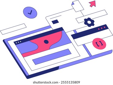 Web Design Interface With Tools And Gears In Flat Vector Illustration Symbolizing Development, Creative Design, And Digital Solutions, Isolated On White Background.