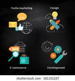 Web design and internet development  illustration set. Stylish design elements or icons on colored background. Vector modern illustration in flat style.