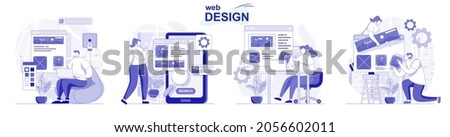 Web design isolated set in flat design. People create and place graphic elements at site layout, collection of scenes. Vector illustration for blogging, website, mobile app, promotional materials.