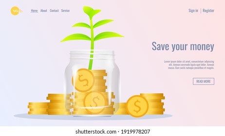 Web design. Jar with coins and sprout. Bank, budget, finance, savings, profit concept. Vector illustration for flyer, poster, banner, advertising, website development. 