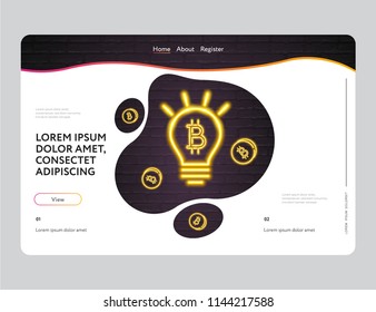 Web Design Landing Page Bitcoin Light Neon Light Glowing Vector Illustration