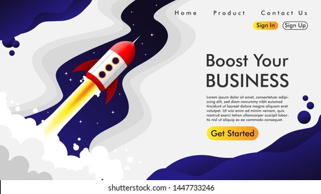 Web design and Landing page with a rocket Free Vector