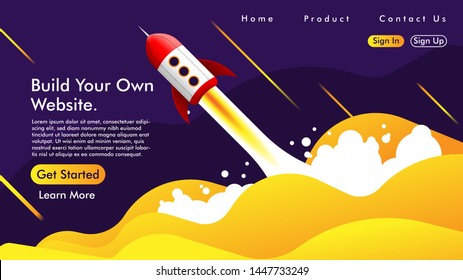 Web design and Landing page with a rocket Free Vector