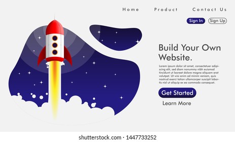 Web design and Landing page with a rocket Free Vector