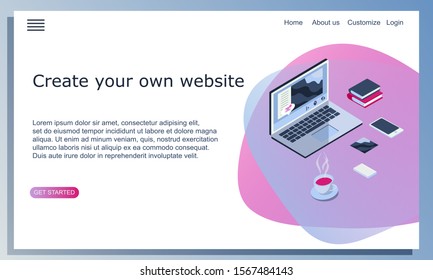 Web Design Landing Page Template. Create your own website. Isomertic vector illustration of workplace with laptop, phone, books, coffee.  Freelance illustration.