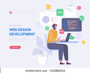 Web design landing page vector template. Coding, programming website homepage interface idea with flat illustrations. Digital marketing. Graphic design development web banner cartoon concept