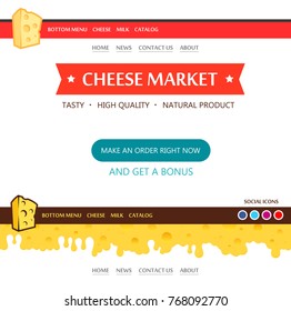 Web Design layout for Cheese Market in red color sheme. Pleasant appearance with convenient navigation elements. Bottom Footar part with cheese pattern is seamless.