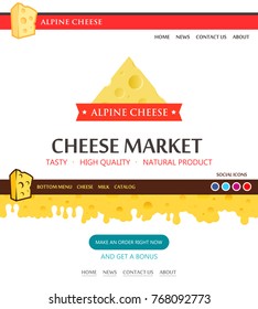 Web Design layout for European Cheese Market. Pleasant appearance with convenient navigation elements. Bottom Footar part with cheese pattern is seamless.