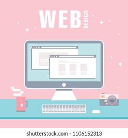 Web design layout website hero image vector illustration. App programming technology and software concept. Workplace.