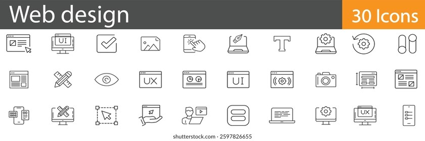 Web Design Line Icons Set. Collection of 30 outline icons representing website development, UI and UX design, coding, and digital creativity. Editable stroke vector illustration.