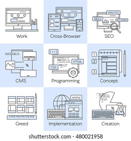 Web design line white icon set with descriptions of work cross browser seo cms programming concept vector illustration
