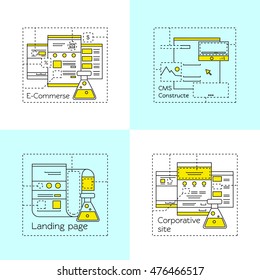 Web Design In Linear Style Icon Set With Descriptions Of Ecommerce Cms Constructe Landing Page Corporative Site Vector Illustration