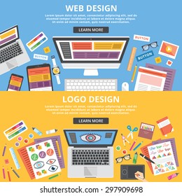 Web design, logo design flat illustration concepts set. Top view. Modern flat design concepts for web banners, web sites, printed materials, infographics. Creative vector illustration