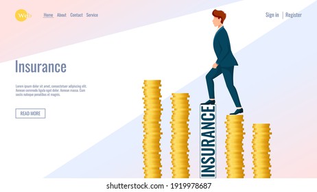 Diseño web. El hombre está subiendo a las monedas. Banco, finanzas, seguros, concepto de ahorro de dinero. Ilustración vectorial para volante, afiche, banner, publicidad, desarrollo de sitios web. 