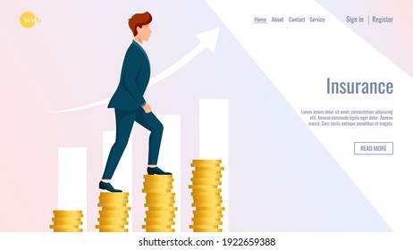 Diseño web. El hombre está subiendo a las monedas. Banco, finanzas, seguros, concepto de ahorro de dinero. Ilustración vectorial para volante, afiche, banner, publicidad, desarrollo de sitios web. 