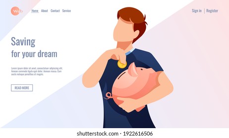 Web design. Man is putting coin in piggy bank. Bank, budget, finance, money savings concept. Vector illustration for flyer, poster, banner, advertising, website development. 