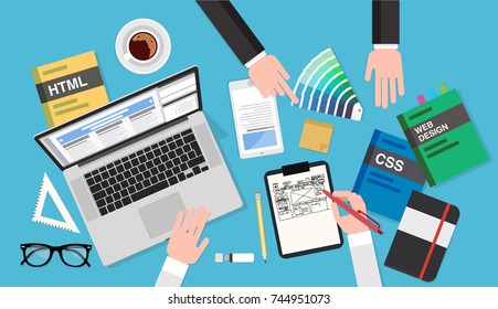 Web design meeting, top view of a desk with a computer, notepad, design books, coffee cup, sketches, smartphone, pens and pencils. Vector illustration in flat style, template for business