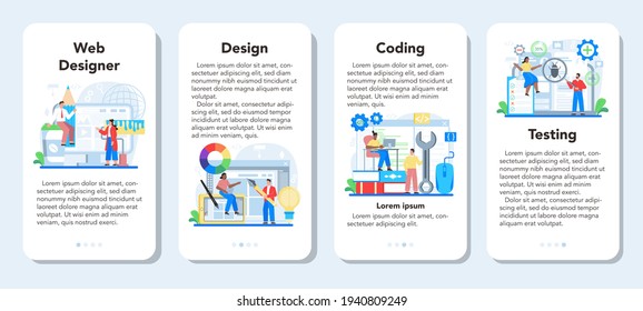 Web design mobile application banner set. Presenting content on web pages