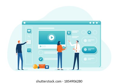 web design and mobile application design process concept with designer and developer team collaboration working and business team meeting with flat vector cartoon character design