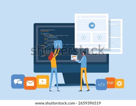 web design and mobile application design process with designer and developer team working collaboration concept