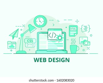 Web design monochrome green flat line vector illustration. Programming work concept.