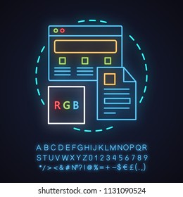 Web design neon light concept icon. Internet surfing idea. Webpage. Website constructor. Glowing sign with alphabet, numbers and symbols. Vector isolated illustration