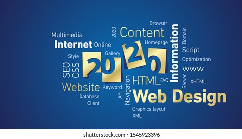 Web Design New Year 2020 gold white word cloud blue board background