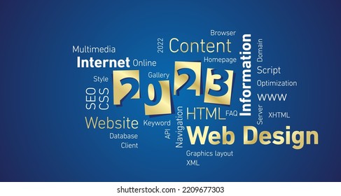 Diseño web Año Nuevo 2023 brillante fondo de tablero azul de la nube de palabras blancas doradas